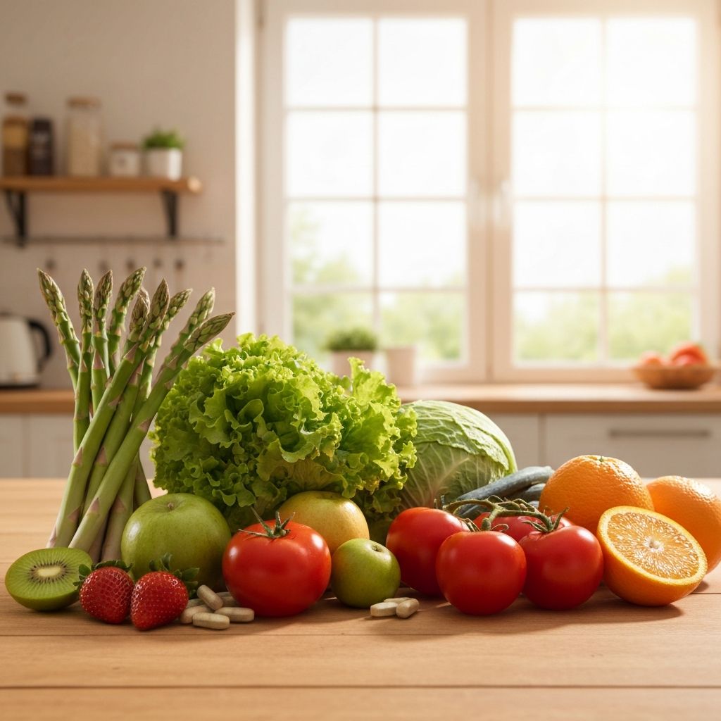 Selection of natural vitamin supplements and healthy foods